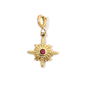 Detailed view of a gold starburst charm featuring a pink zircon gemstone inlay