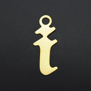 Detail shot of a gold-plated lowercase t-letter pendant with polished finish for DIY jewelry