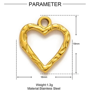 Pendentif cœur en acier inoxydable avec gravures de feuilles, dimensions 16x18mm et 1.3g