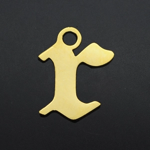 Detailed view of Old English letter r pendant in gold-plated stainless steel