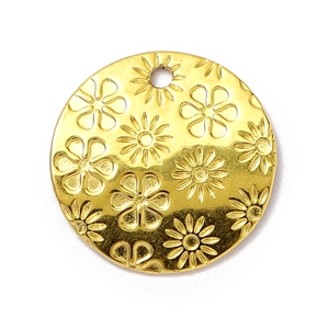 Pendentif rond en acier titane doré avec gravure de marguerites pour bijoux DIY