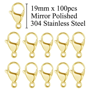 Detailansicht von 19mm Edelstahl-Karabinerverschlüssen in Gold für DIY Schmuck 100er-Pack