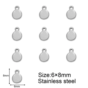 Set of 10 round stainless steel jewelry tags 6x8mm with dimensions and silver metallic finish