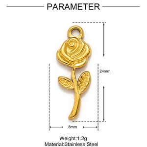 Guide des dimensions détaillé montrant un pendentif rose en acier inoxydable doré