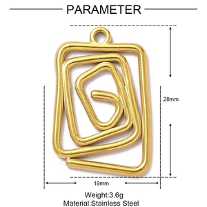 Technical drawing of a 28mm x 19mm spiral rectangle pendant made of stainless steel