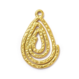 Macro detail of golden teardrop hollow pendant with hammered texture and triple spiral design