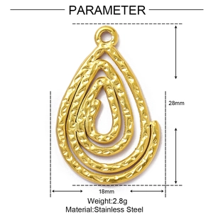 Detailed size view of hammered golden teardrop pendant made of 316L stainless steel