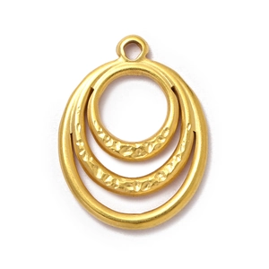 Detailed view of triple-layered golden pendant with hammered texture and smooth mirror finish