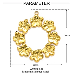 Détails du pendentif fleur en acier doré 36mm avec spécifications de taille et de poids