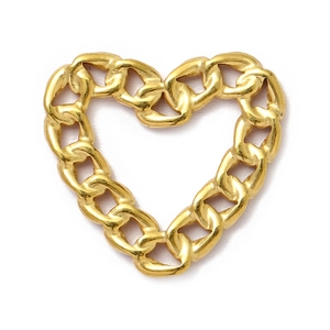 Detail of golden hollow heart pendant featuring intricate Cuban link pattern design