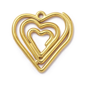 Detailed view of polished gold triple-layer nested heart pendant in stainless steel