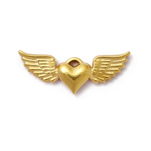 Pendentif cœur avec ailes en acier inoxydable doré poli et finition miroir éclatante