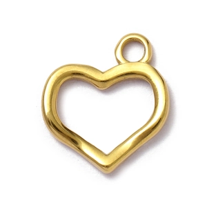 Detailed close-up of a hollow gold heart pendant with a metallic polished finish