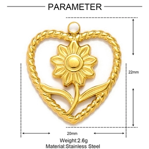 Dettagli tecnici del ciondolo girasole a cuore in acciaio inox da 22mm x 20mm