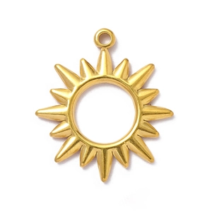 Macro detail of a 16-point sunburst pendant in polished gold finish for jewelry making