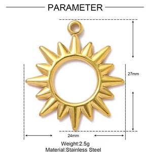 Detailed size parameters of the 27mm sunburst gold pendant made of stainless steel