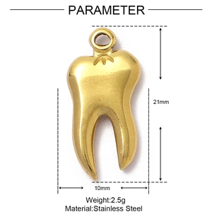 Pendentif dent doré en acier inoxydable poli avec dimensions 21x10mm détaillées