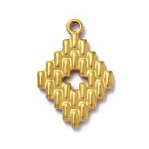Macro detail of gold-plated geometric rhombus pendant with vertical texture and cross cutout