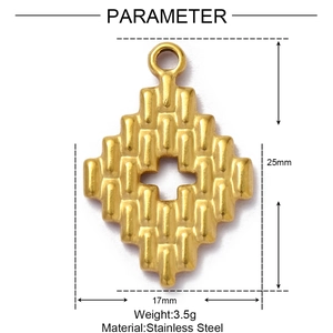 Technical drawing of a 25x17mm textured stainless steel rhombus pendant in gold finish