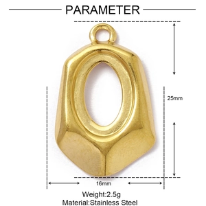 Macro detail of gold stainless steel hollow teardrop pendant with precise dimensions