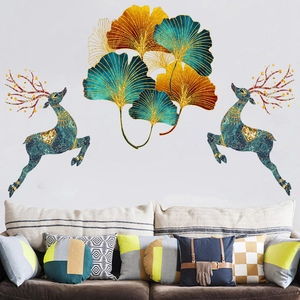 Detailed wall sticker featuring modern blue and gold ginkgo leaves with marble deer art