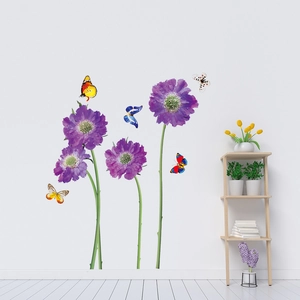 Purple flower and colorful butterfly wall stickers for living room and bedroom home decor