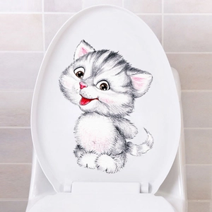 Waterproof cute grey kitten sticker for toilet lid decoration in modern bathroom