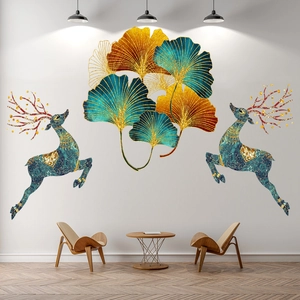 Modern wall sticker set featuring gold ginkgo leaves and elk with marble texture