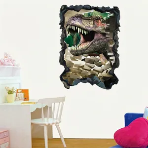 3D Broken Wall Dinosaur Wall Sticker PVC Waterproof Removable Realistic T-Rex Mural For Kids Room Living Room Home Decor