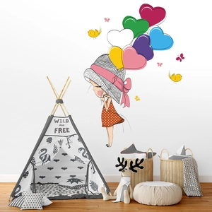 Cartoon Girl Heart Balloon Wall Stickers PVC Waterproof DIY Decorative Mural For Kids Room Nursery Bedroom Home Art Decor