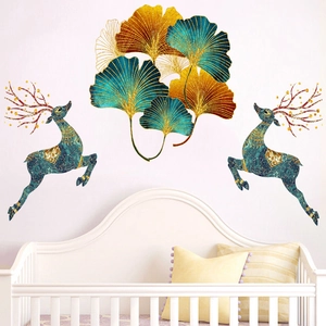 Golden ginkgo leaves and green elk wall stickers for elegant living room decor