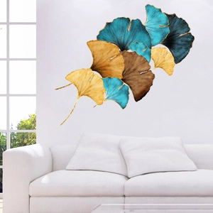 Nordic ginkgo leaf wall stickers in blue and gold for living room luxury decor