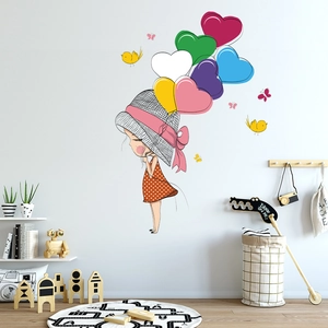 Cartoon girl with pink heart balloons wall sticker for modern kids room decor