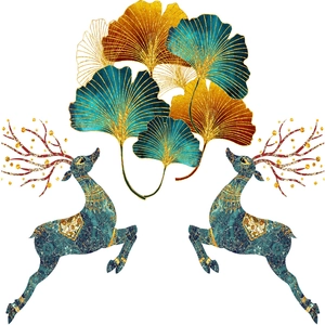 Golden ginkgo leaves and marble pattern elk wall stickers for luxury living room decor