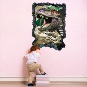 3D T-Rex wall sticker shown in a kid room with creative broken wall effect