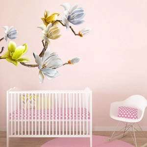 Sticker mural 3D fleurs de magnolia jaunes et blanches pour décoration de chambre d'enfant