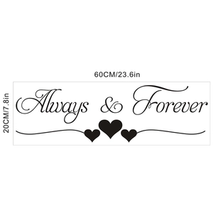 Détail du sticker mural Always & Forever en vinyle noir avec cœurs, 60cm x 20cm