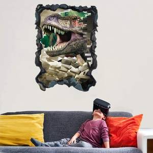 3D T-Rex wall sticker showing realistic dinosaur breaking through wall for room decor