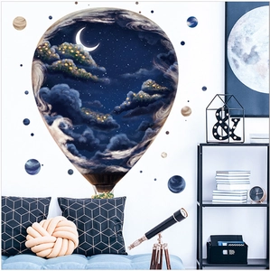 Starry night hot air balloon wall decal with moon and clouds for kids' bedroom