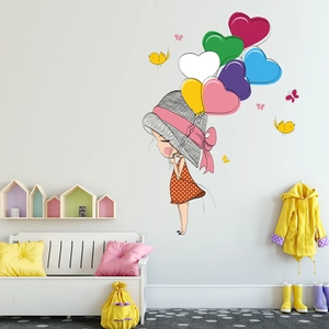 Cartoon girl wall sticker with colorful heart balloons and birds for kids bedroom decor