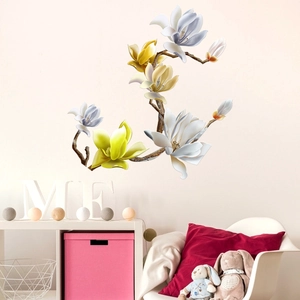 Détail de stickers muraux magnolia élégants aux tons doux de violet et jaune