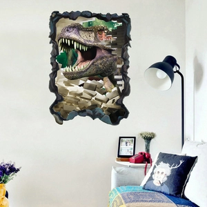 3D realistic roaring T-Rex wall sticker breaking through a modern living room wall