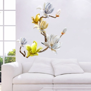 Détail de stickers muraux magnolia et tulipes avec élégantes fleurs jaunes et bleues