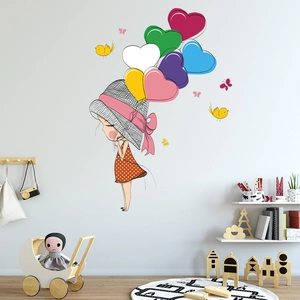 Cartoon girl with heart balloons wall sticker for kids bedroom and living room decor