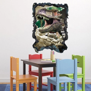 3D T-Rex wall sticker showing a realistic dinosaur breaking through a brick wall for kids room