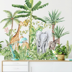 Watercolor Tropical Rainforest Animal Wall Stickers Giraffe Elephant Zebra Palm Leaves Waterproof PVC Wall Decals For Kids Room