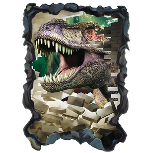 3D wall sticker featuring a T-Rex dinosaur breaking through a brick wall for home decor
