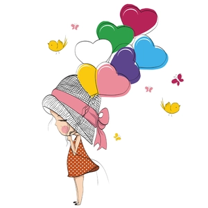 Cartoon girl wall sticker with colorful heart balloons and red polka dot dress for kids room