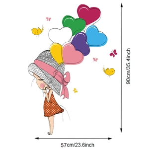 Cartoon girl with colorful heart balloons wall sticker dimensions 90cm by 57cm