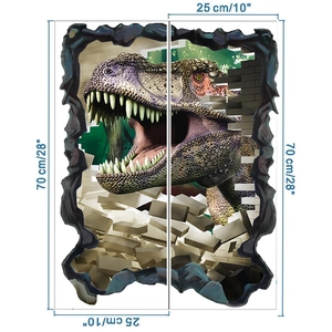Detailed size chart for 3D dinosaur wall decal showing dimensions of 25x70 cm per sheet